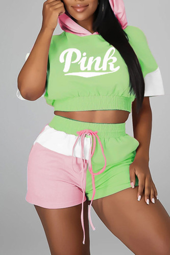 Pink Green Casual Sportswear Print Split Joint Hooded Collar Short Sleeve Two Pieces