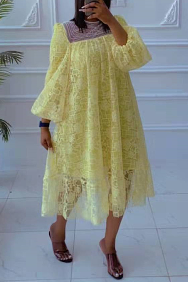 

Yellow Fashion Casual Patchwork Embroidered Beading O Neck Long Sleeve Dresses