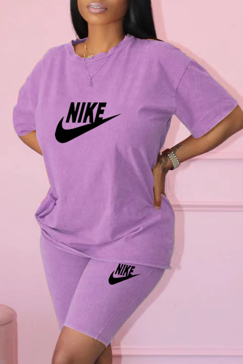 

Purple Fashion Casual Print Letter O Neck Short Sleeve Two Pieces