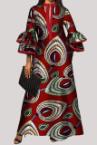 Blue Red Fashion Casual Print Patchwork V Neck Long Sleeve Dresses