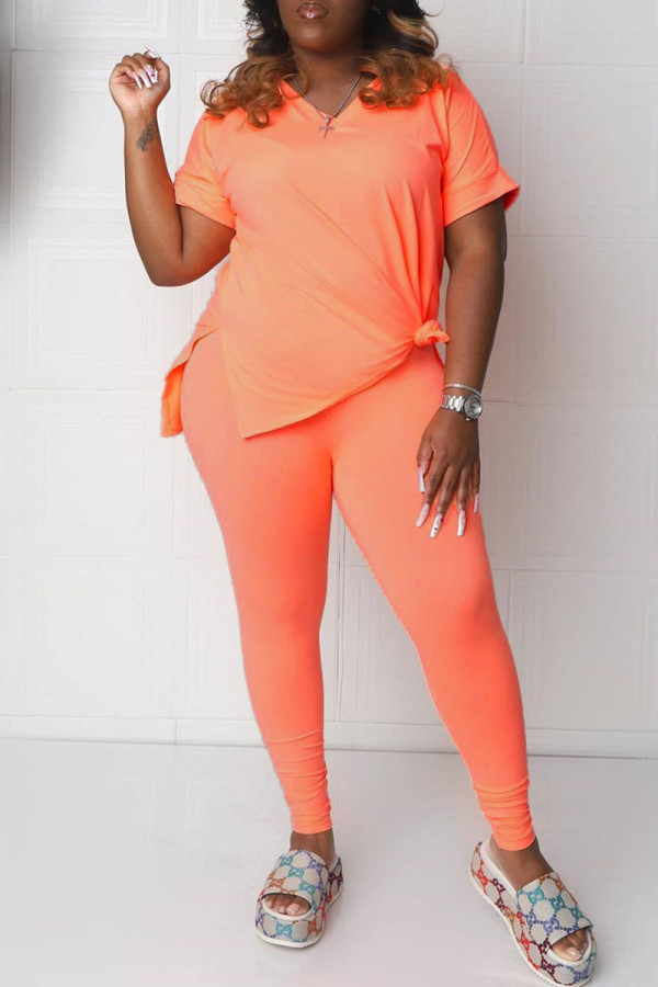 オレンジピンクファッションカジュアルソリッドスリットVネックプラスサイズツーピース
