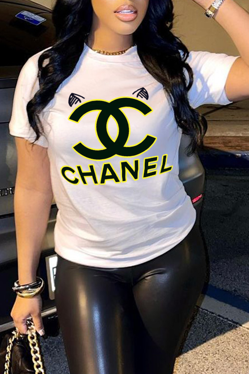 

White Fashion Street Print Split Joint Letter O Neck T-Shirts