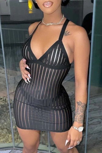 Robe noire à col en V et dos nu en patchwork solide sexy à la mode noire