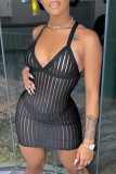 Black Fashion Sexy Solid Patchwork See-through Backless V Neck Sling Dress