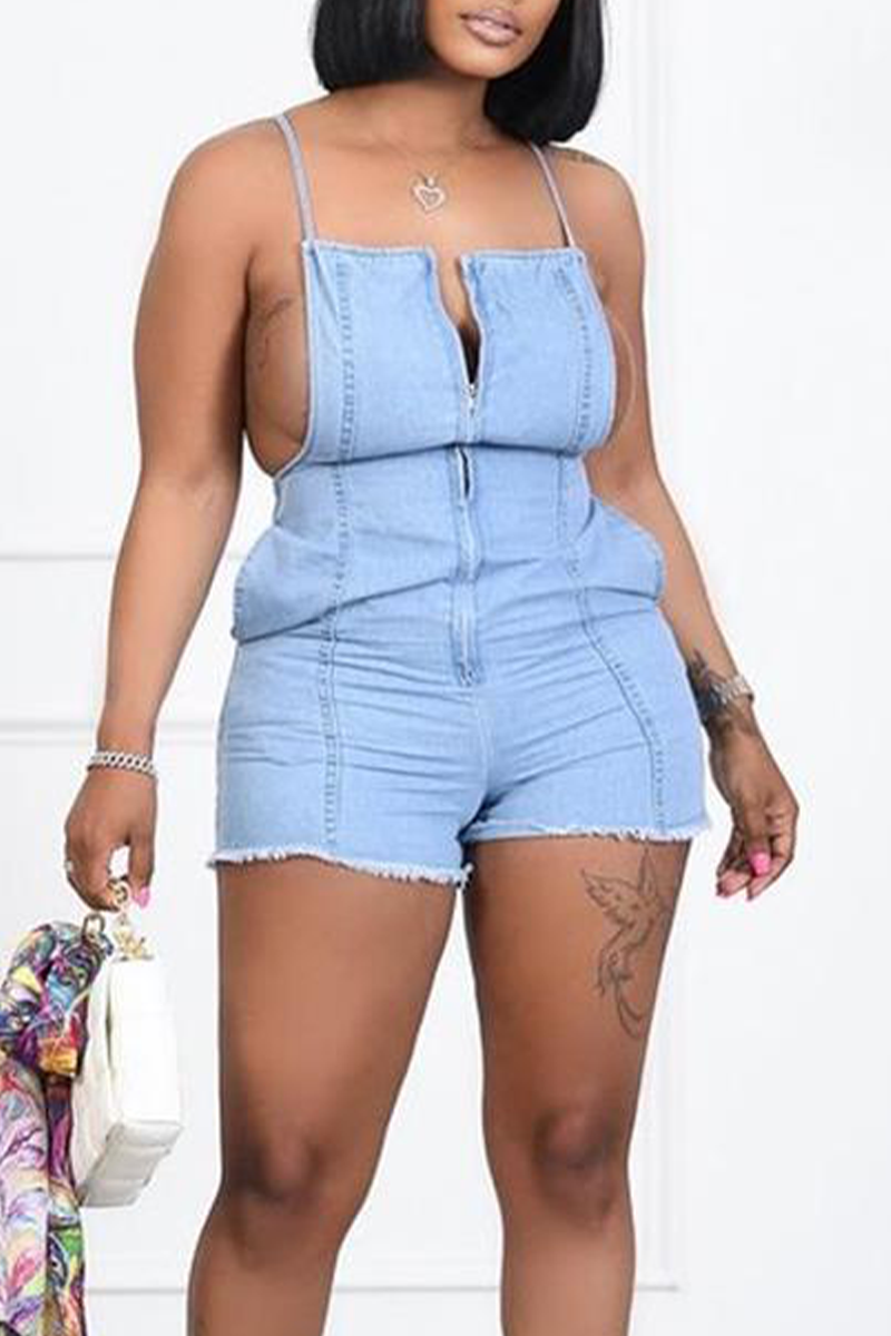 

Blue Sexy Solid Split Joint Spaghetti Strap Skinny Jumpsuits