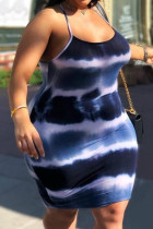 Blå Mode Sexig Plus Size Print Tie Dye Backless Spaghetti Strap Ärmlös klänning