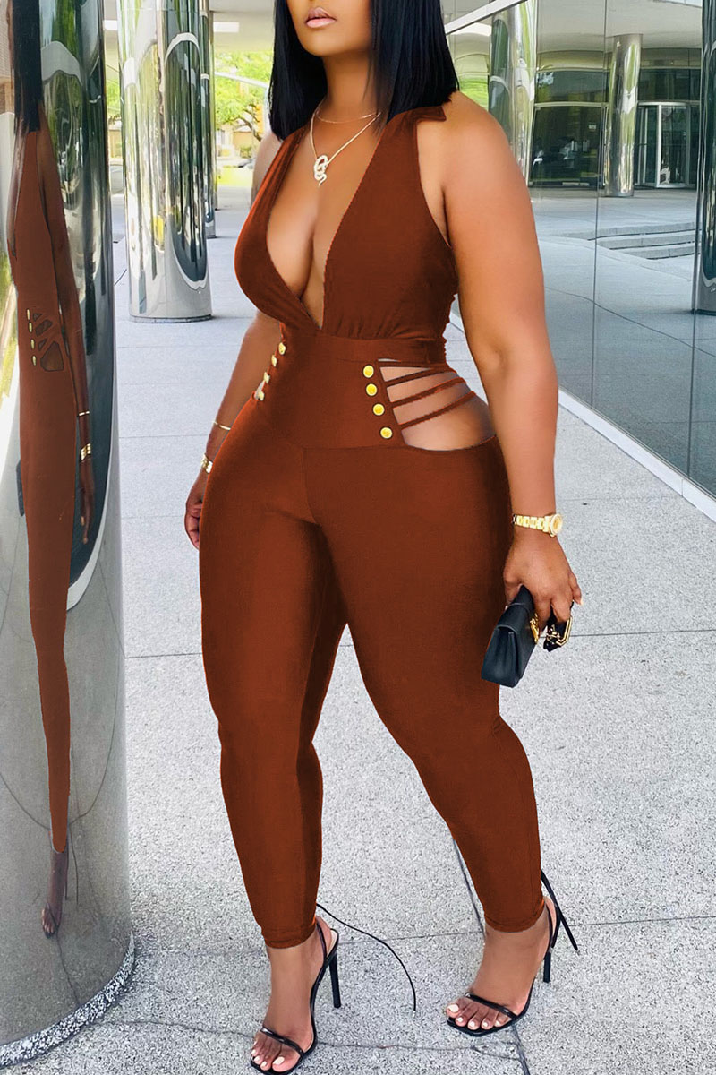 

Coffee Sexy Solid Hollowed Out Split Joint V Neck Regular Jumpsuits
