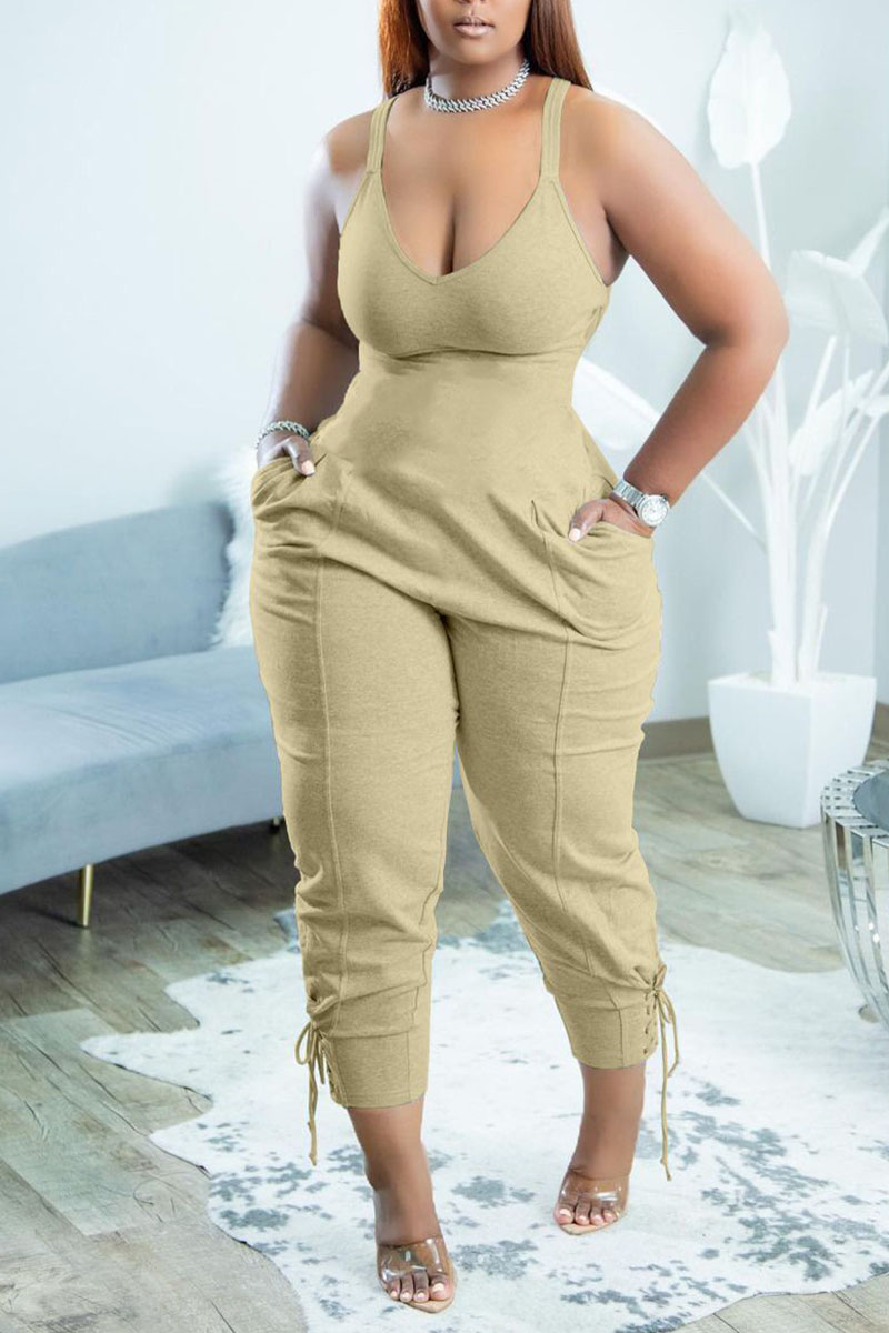 

Apricot Sexy Solid Split Joint Spaghetti Strap Regular Jumpsuits
