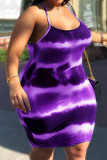 Purple Fashion Sexy Plus Size Print Tie Dye Backless Spaghetti Strap Sleeveless Dress