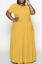 Gele casual effen patchwork O-hals rechte jurken met grote maten
