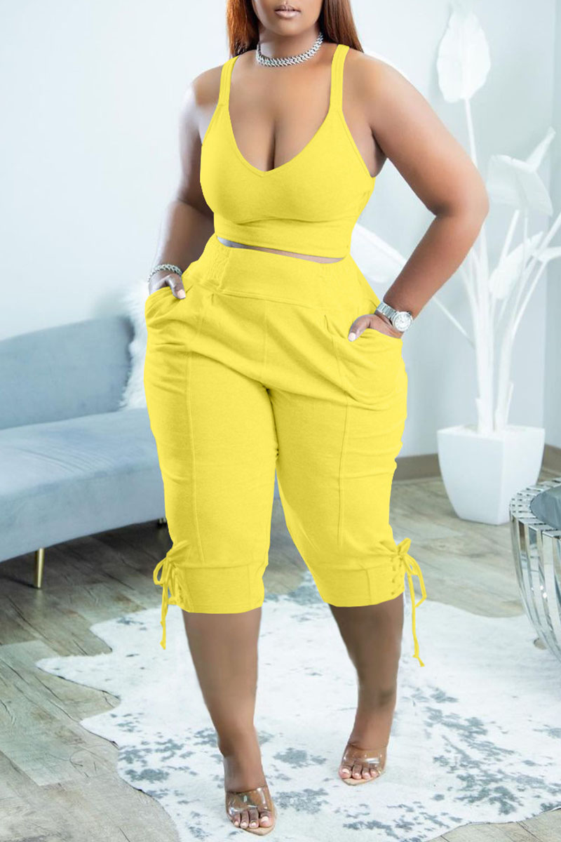 

Yellow Sexy Solid Split Joint V Neck Two Pieces