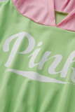 Rosa verde casual roupas esportivas estampa patchwork gola com capuz manga curta duas peças