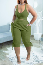 Army Green Sexy Solid Patchwork V Neck Two Pieces