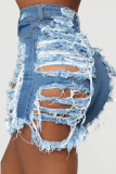 Diepblauwe Sexy Street Solid Ripped Make Old Patchwork Denim Shorts met hoge taille