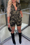 Army Green Fashion Casual Camouflage Print Patchwork Zipper Collar Regular Romper