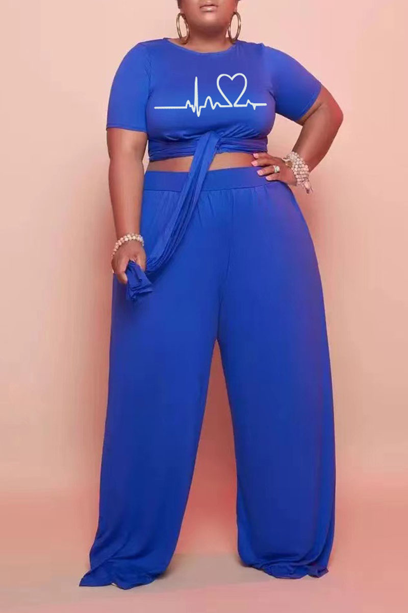 

Blue Casual Print Bandage Split Joint O Neck Plus Size Two Pieces