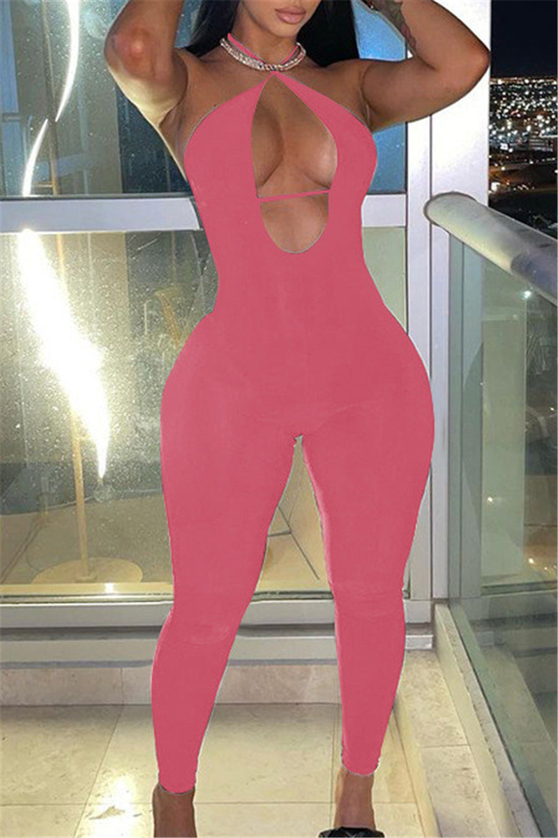 

Pink Sexy Casual Solid Bandage Hollowed Out Backless Halter Jumpsuits