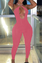 Roze sexy casual effen bandage uitgeholde rugloze halter jumpsuits
