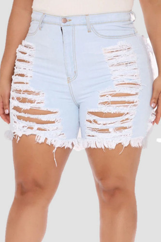 Sky Blue Sexy Street Solid Ripped Make Old Split Joint High Waist Denim Shorts