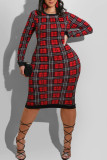 レッドファッションカジュアルチェック柄プリントパッチワーク背中の開いたOネック長袖プラスサイズのドレス