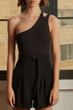 Schwarze, sexy, einfarbige, schmale One-Shoulder-Bodysuits im Patchwork-Stil