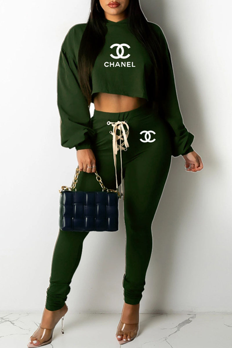 

Dark Green Fashion Casual Print Letter Hooded Collar Long Sleeve Two Pieces