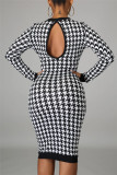 White Fashion Casual Print Patchwork Backless O Neck Long Sleeve Plus Size Dresses