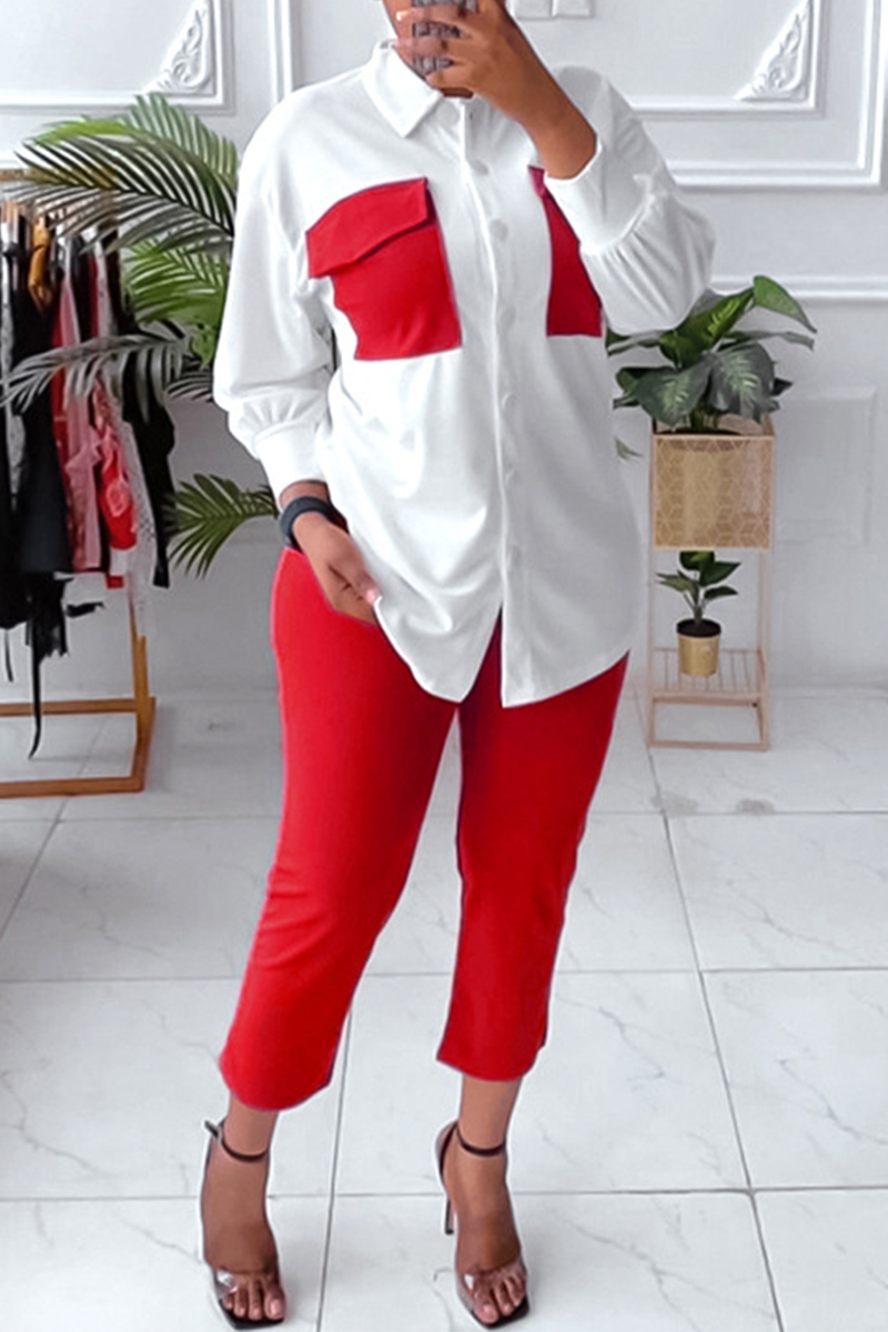 

Red Fashion Solid Split Joint Turndown Collar Plus Size Two Pieces