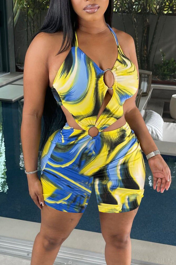 Yellow Sexy Print Hollowed Out Patchwork Halter Regular Rompers