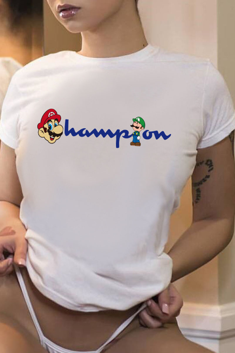 

White Fashion Casual Print Letter O Neck T-Shirts