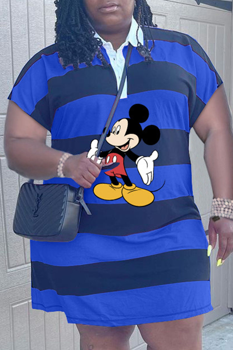 

Blue Fashion Casual Character Patchwork Turndown Collar One Step Skirt Plus Size Dresses