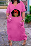 Pink Fashion Casual Print Basic V Neck Short Sleeve Plus Size Dresses