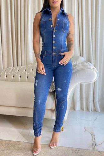 The cowboy blue Fashion Casual Solid Ripped Patchwork Turndown Collar Skinny Jumpsuits