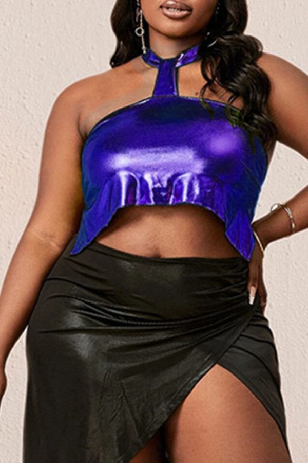 Royal Blue Sexy Solid Patchwork Backless Halfter Plus Size Tops