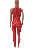 Rode sexy effen uitgeholde patchwork halve coltrui skinny jumpsuits