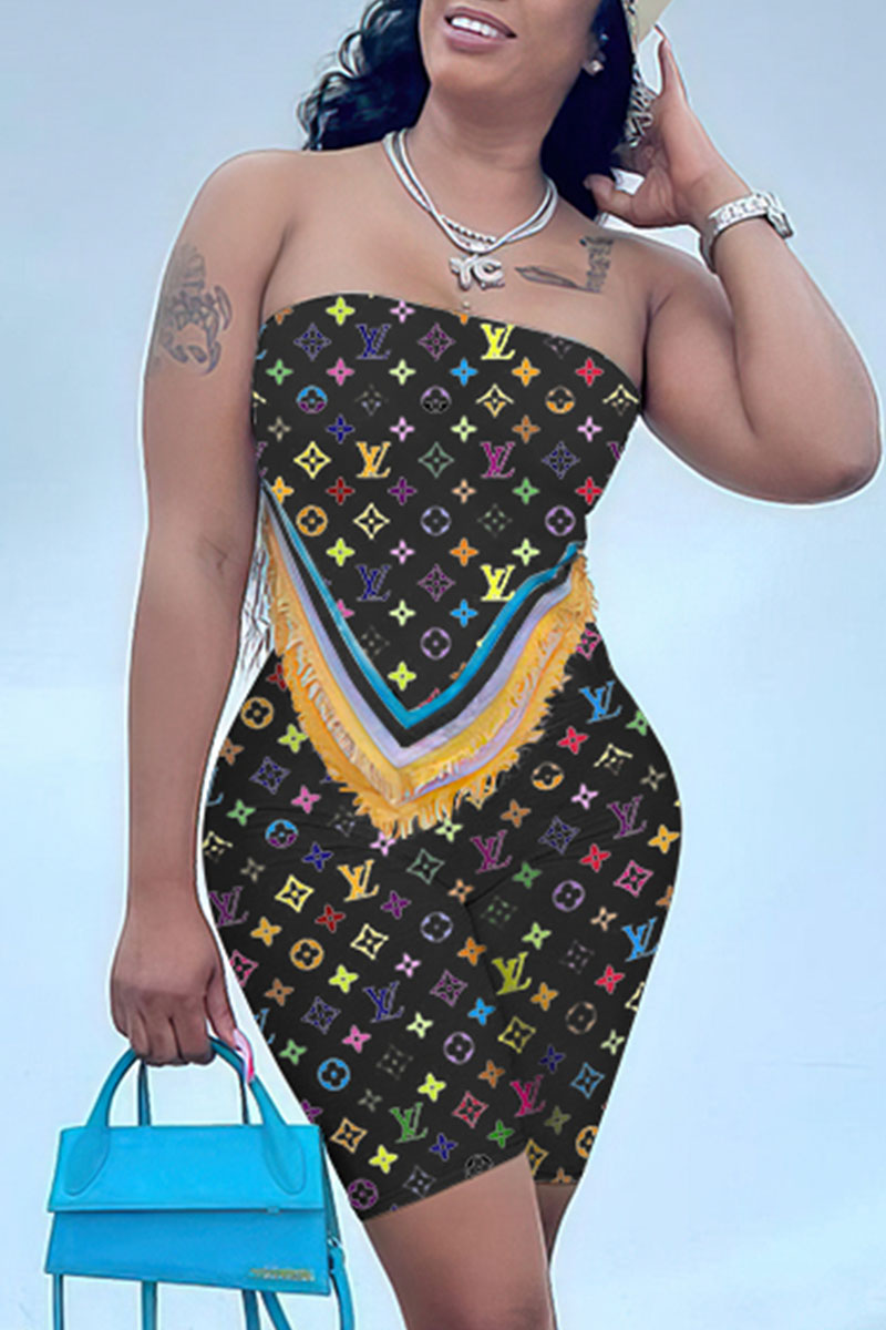 

Black Fashion Street Print Split Joint Strapless Sleeveless Two Pieces