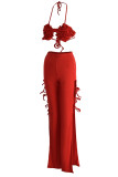 Красные сексуальные сплошные выдолбленные лоскутные уздечки с лямкой на шее без рукавов из двух частей