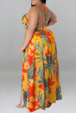 Gelbe Art- und Weisereizvolle Druck-Verband-rückenfreies Schlitz-Halter-langes Kleid plus Größen-Kleider