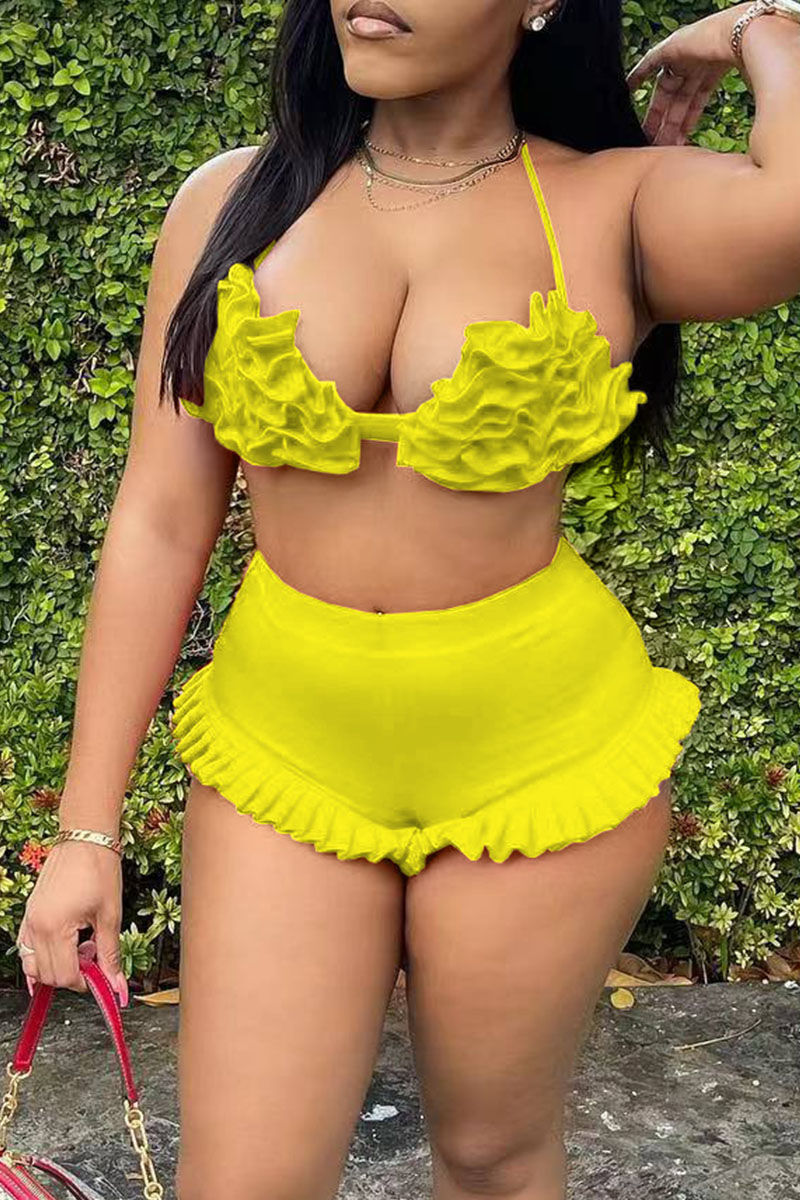 

Yellow Sexy Solid Split Joint Halter Sleeveless Two Pieces
