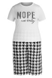 Black White Casual Street Print Tassel Patchwork O Neck Plus Size Two Pieces