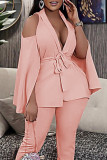 Pink Fashion Casual Solid Bandage Patchwork Turndown Collar Outerwear