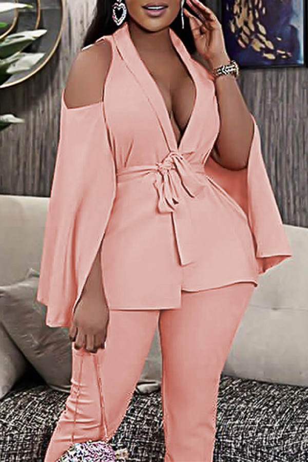 Prendas de abrigo de cuello vuelto de patchwork de vendaje sólido casual de moda rosa