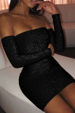 黒のセクシーなパッチワーク明るいシルクオフショルダーペンシルスカートドレス