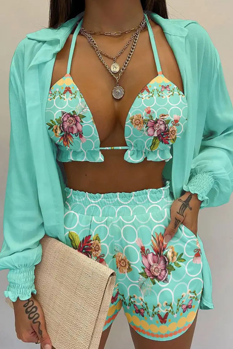 

Light Blue Sexy Print Patchwork Turndown Collar Long Sleeve Three Pieces