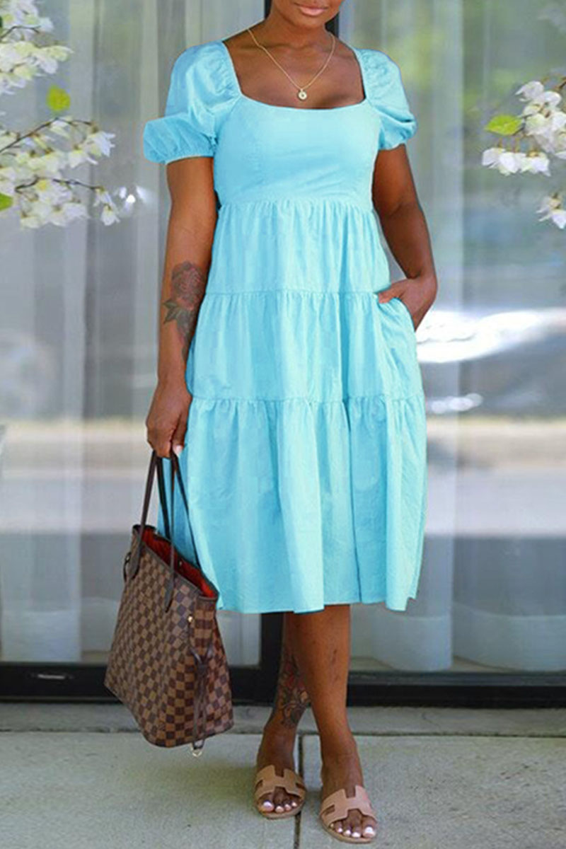 

Light Blue Casual Sweet Solid Split Joint Square Collar A Line Dresses