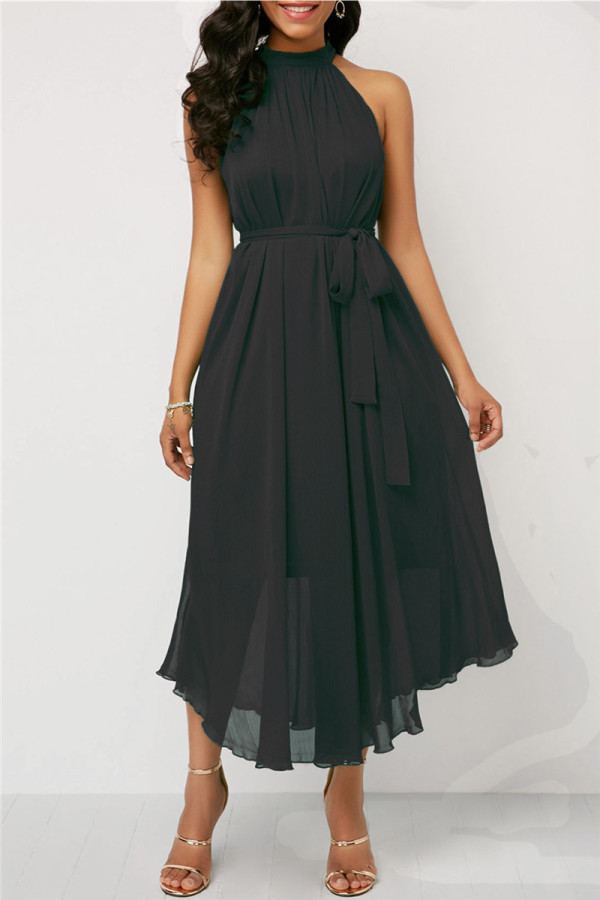 ブラックファッションカジュアルソリッドくり抜かれたパッチワークOネックノースリーブドレス