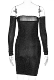黒のセクシーなパッチワーク明るいシルクオフショルダーペンシルスカートドレス