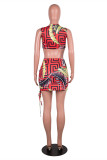 Red Fashion Sexy Print Bandage Hollowed Out O Neck Sleeveless Two Pieces