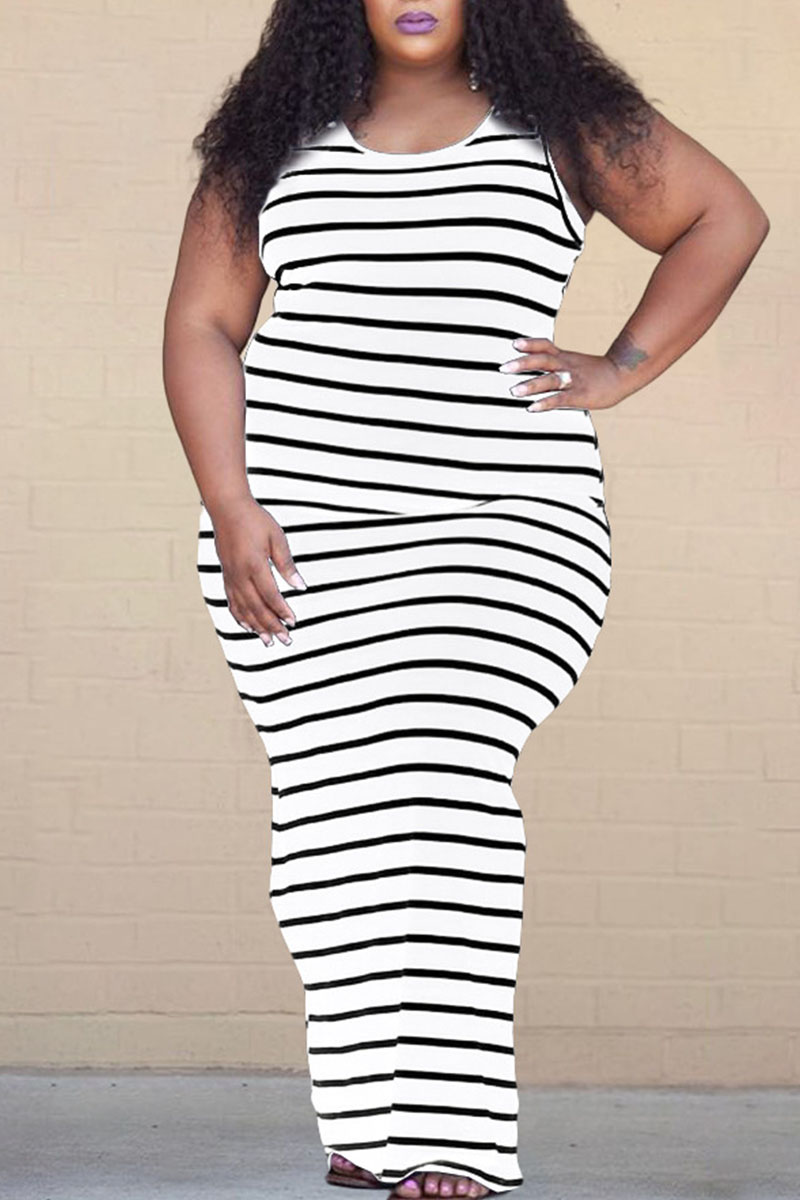 

White Casual Striped Print Split Joint U Neck Plus Size Dresses