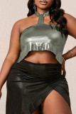 Black Sexy Solid Patchwork Backless Halter Plus Size Tops